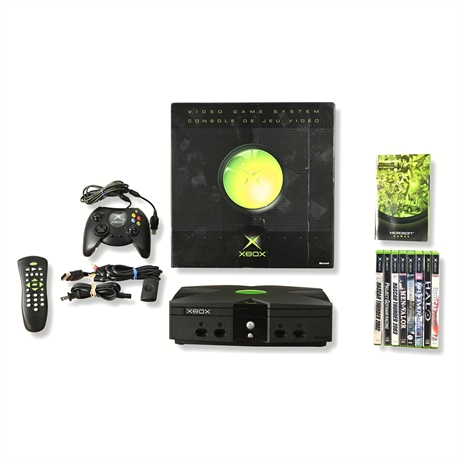 Microsoft Xbox Original Console Bundle with Controller, DVD Remote & 8 Games