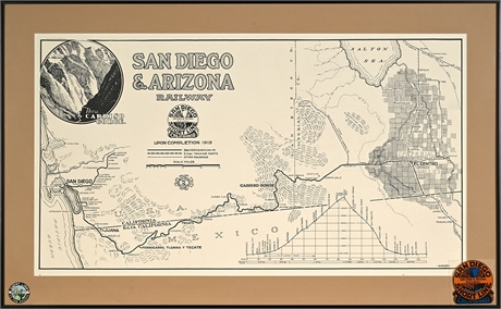 San Diego & Arizona Railway 1919 Carriso Gorge Route Map Framed