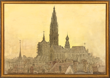 D. Jerome Elwell 'Antwerp Cathedral at Dawn'