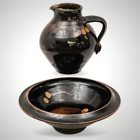 Signed Studio Pottery Black Glazed Splash Decorated Bowl & Pitcher