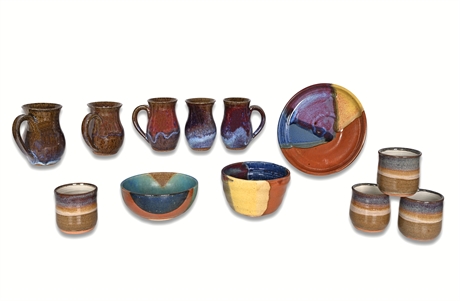 Studio Art Pottery Stoneware Set — 12 Pieces, Hand-Thrown & Signed