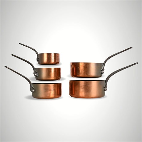Farmhouse Antique French Copper Graduated Saucepan Set of 5, Tin-Lined