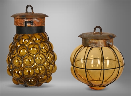 Pair Vintage Caged Amber Hanging Glass Lanterns