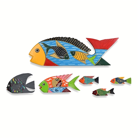 Hand-Painted Carved Wood Folk Art Fish, Mexico, School of Six
