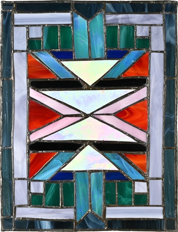 Art Deco Iridescent Stained Glass Panel – Geometric, 18.75" x 14.25"