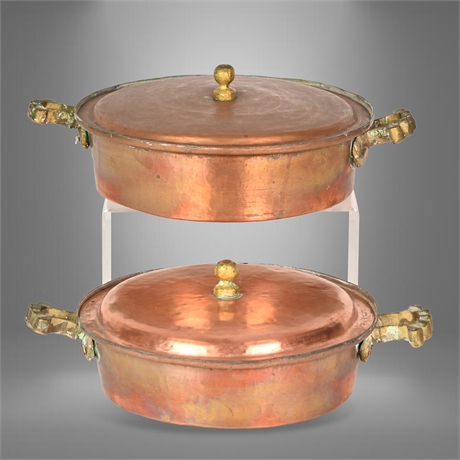 Pair Vintage Hammered Copper Pans with Lids