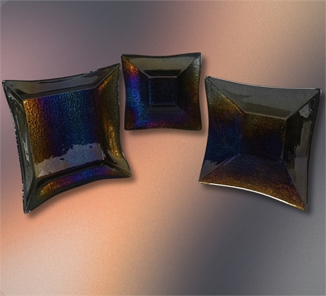 Set of 3 Large Iridescent Fused Dichroic Glass Shallow Serving Bowls