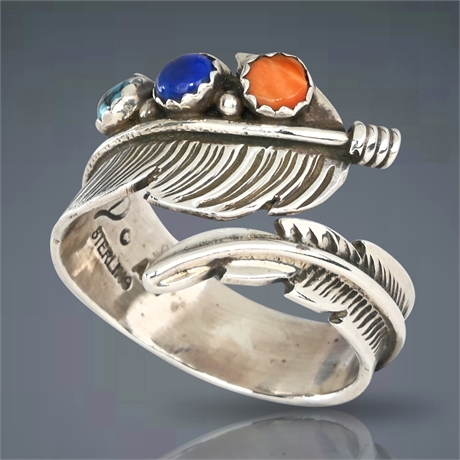 Sterling Silver Feather Ring with Turquoise, Lapis & Spiny Oyster