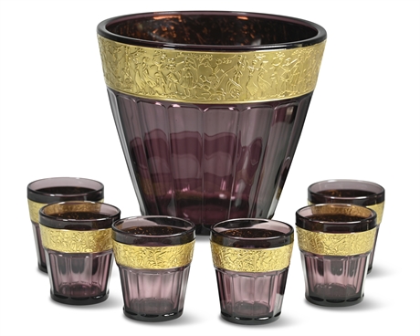 Art Deco Amethyst Glass & Gilt Collar Wine Bucket Cooler and Tumblers