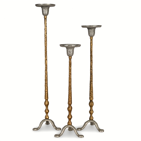 3 Tall Hammered Metal Candle Holders – Gold & Pewter Finish, Made in India