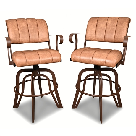 Pair of Swivel Bar Stools – Iron Frame & Leather-Like Upholstery, 30" Seat