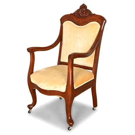 Victorian Eastlake Walnut Armchair – Carved Crest & Velvet