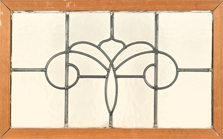 Antique Leaded Glass Transom Window with Art Nouveau Design in Pine Frame