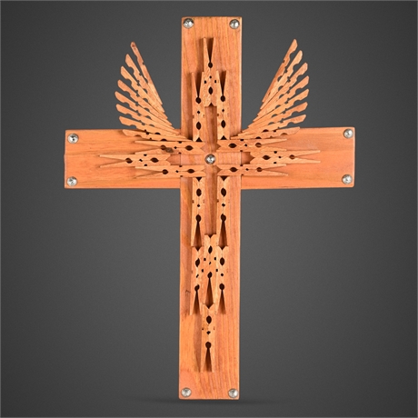 Handmade Wood Clothespin Cross Wall Art — Angel Wings, Signed Shamar Daniels