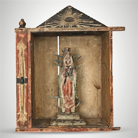 Mexican Colonial Wood & Plaster Nicho — Our Lady of Guadalupe Bulto, Eye of Prov