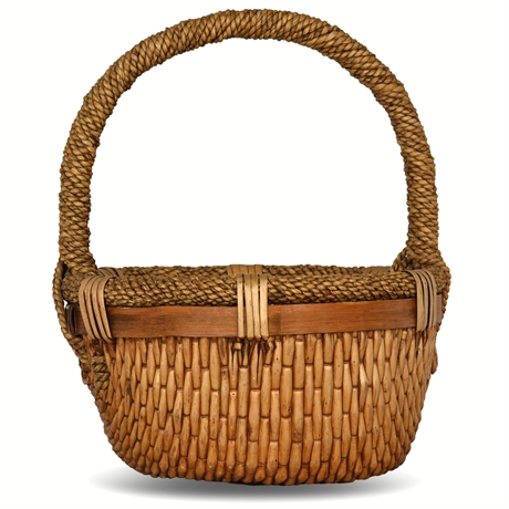 Nantucket Style Wicker Woven Basket with Braided Handle