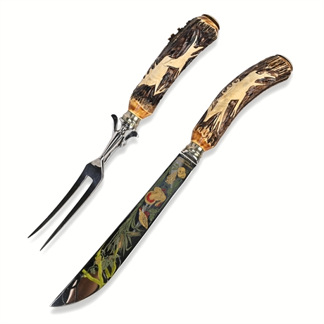 Anton Wingen Jr. Solingen Carving Set — Stag Horn Handles, Etched Blades