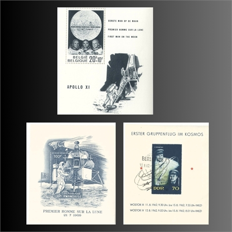 Apollo XI & Soviet Space Souvenir Sheet Trio — Rwanda, Belgium & DDR, 1962–1969