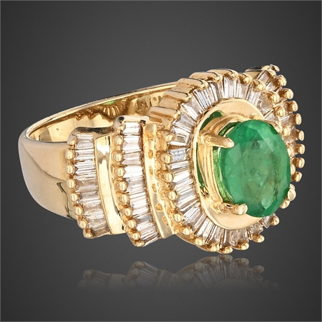 14K Gold Natural Colombian Emerald & Diamond Ballerina Ring, Sz 7