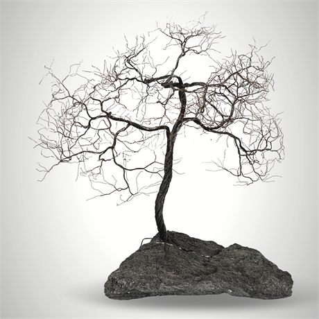Steel Wire Tree Sculpture on Natural Stone Base — Bonsai Form
