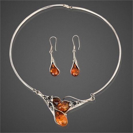 Sterling Silver & Amber Necklace & Earrings Set, 925 Marked, 50.14g