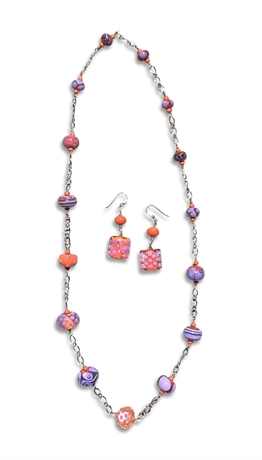 28" Handmade Lamp-worked Glass Bead Necklace & Earrings Set by Kris Bryson