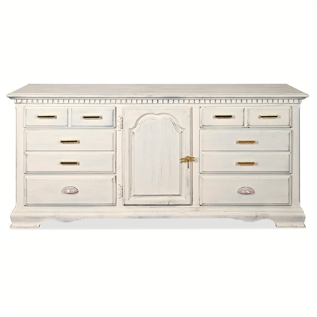 Vintage Solid Wood 9-Drawer Dresser w/ Center Door, Refinished White