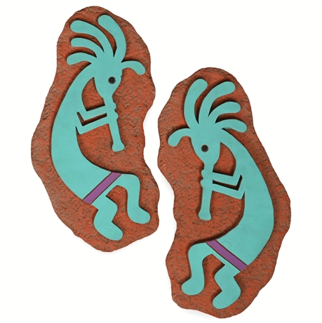 Pair of Kokopelli Wall Art, Great River Co. 1997, Hand-Painted Clay Plaques