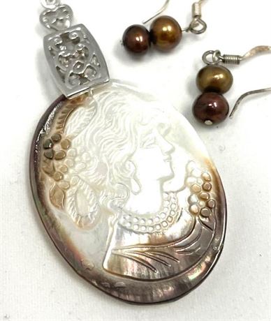 Carved Shell Pendant with Matching Pearl Earrings and Necklace