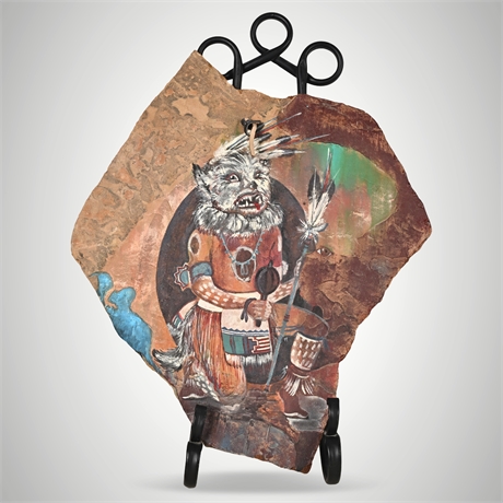 Hand-Painted Flagstone Kachina Figure – Double-Sided, Signed, w/ Iron Stand