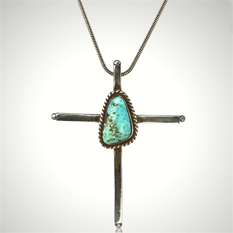 Navajo Turquoise Sterling Silver Cross Pendant Necklace with Foxtail Chain