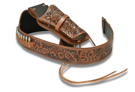 Vintage Heavily Tooled Leather Holster & Belt
