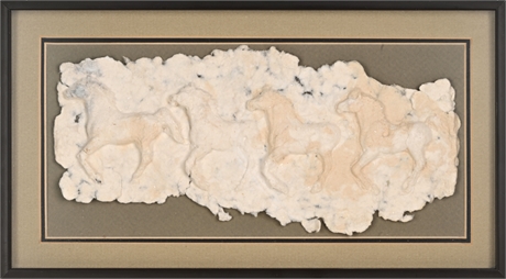 Cast Paper Relief of Running Horses — Framed Handmade Pulp Art, 7" x 13½"