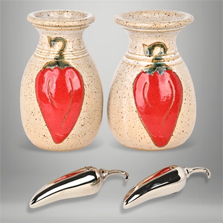 Signed Ceramic Chile Vases with Metal Chile Salt & Pepper Set