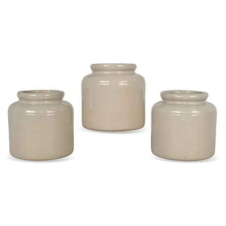 (3) Cream Glazed Stoneware Crocks – Rustic Utility Jars, 5" Diameter