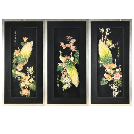 Set of 3 Chinese Peacock Wall Panels – Mother-of-Pearl or Style Inlay, 32″ Frame