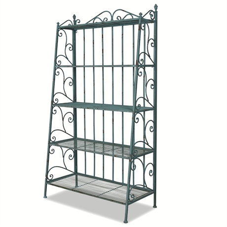 Vintage Iron Bakers Rack — Teal Scrollwork, Removable Shelves