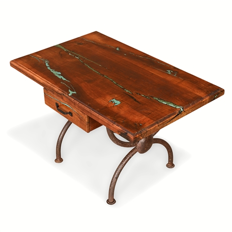 Mesquite & Turquoise Inlaid Cocktail Table – Iron Base, 2 Drawers, Rustic