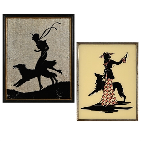Art Deco German Reverse-Painted Silhouettes, Lady with Borzoi & Fairy on Hound