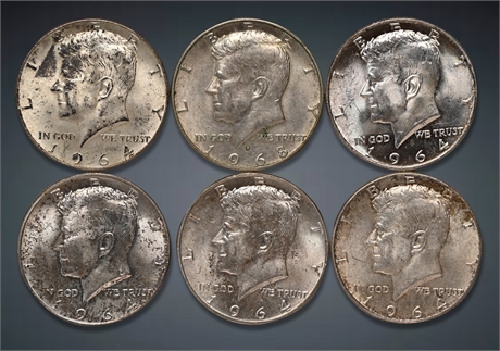 1964 (6) Kennedy Silver Half Dollars