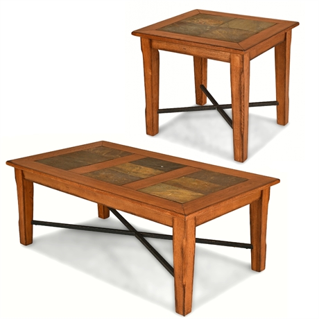 Classic Mission Oak & Slate Living Room Table Pair