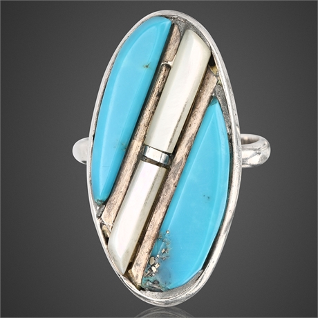 Vintage Zuni Sterling Silver Turquoise & MOP Channel Inlay Ring Sz 8