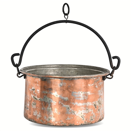Hammered Copper Hearth Cauldron — Wrought Iron Swing Bail, Tin-Lined