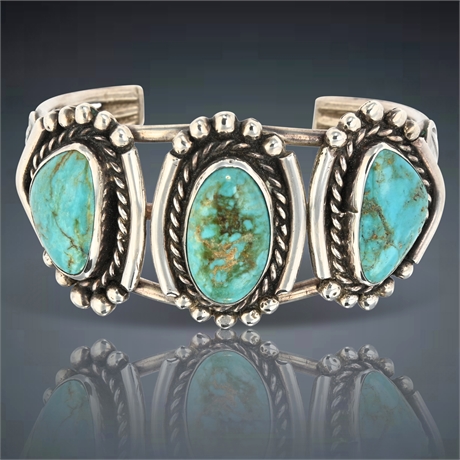 Vintage Navajo Sterling Silver Cuff Bracelet with Three Turquoise Stones