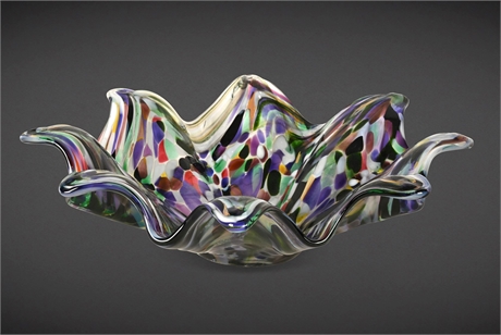 Labelled Murano Blown Glass Freeform Bowl — Multicolor, 16" Wide