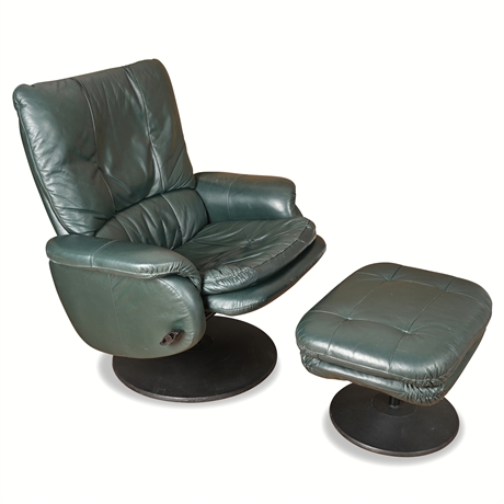 Vintage Palliser Green Leather Swivel Recliner & Ottoman, Maker Marked