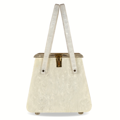 1950s White Pearl Lucite Handbag with Etched Floral Lid & Presto Lock Co. Clasp