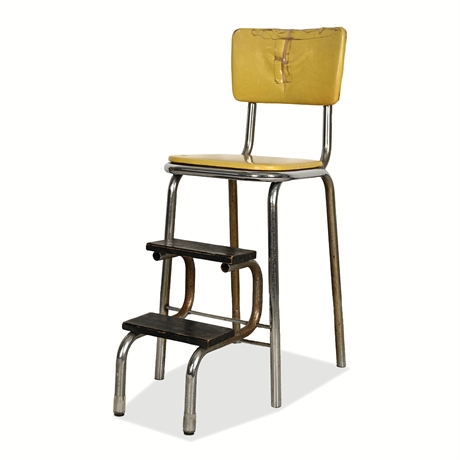 Mid-Century Chrome & Vinyl Kitchen Step Stool Chair, Yellow Seat