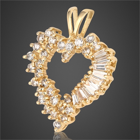 14K Gold Diamond Heart Pendant 1.00 CTW Round & Baguette