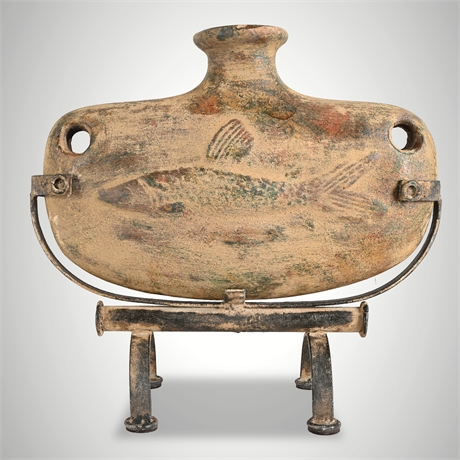 Mid-Century Studio Pottery Ampulla w/ Iron Stand Fish Motif
